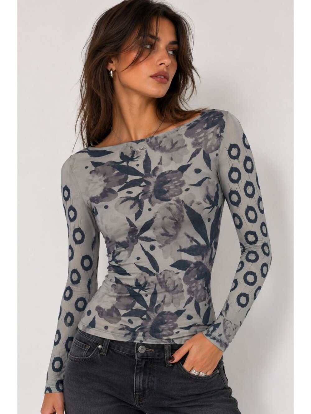 AMB Designs NudiTee Sheer Mesh Long Sleeve Top One Size Floral Stretch Layering